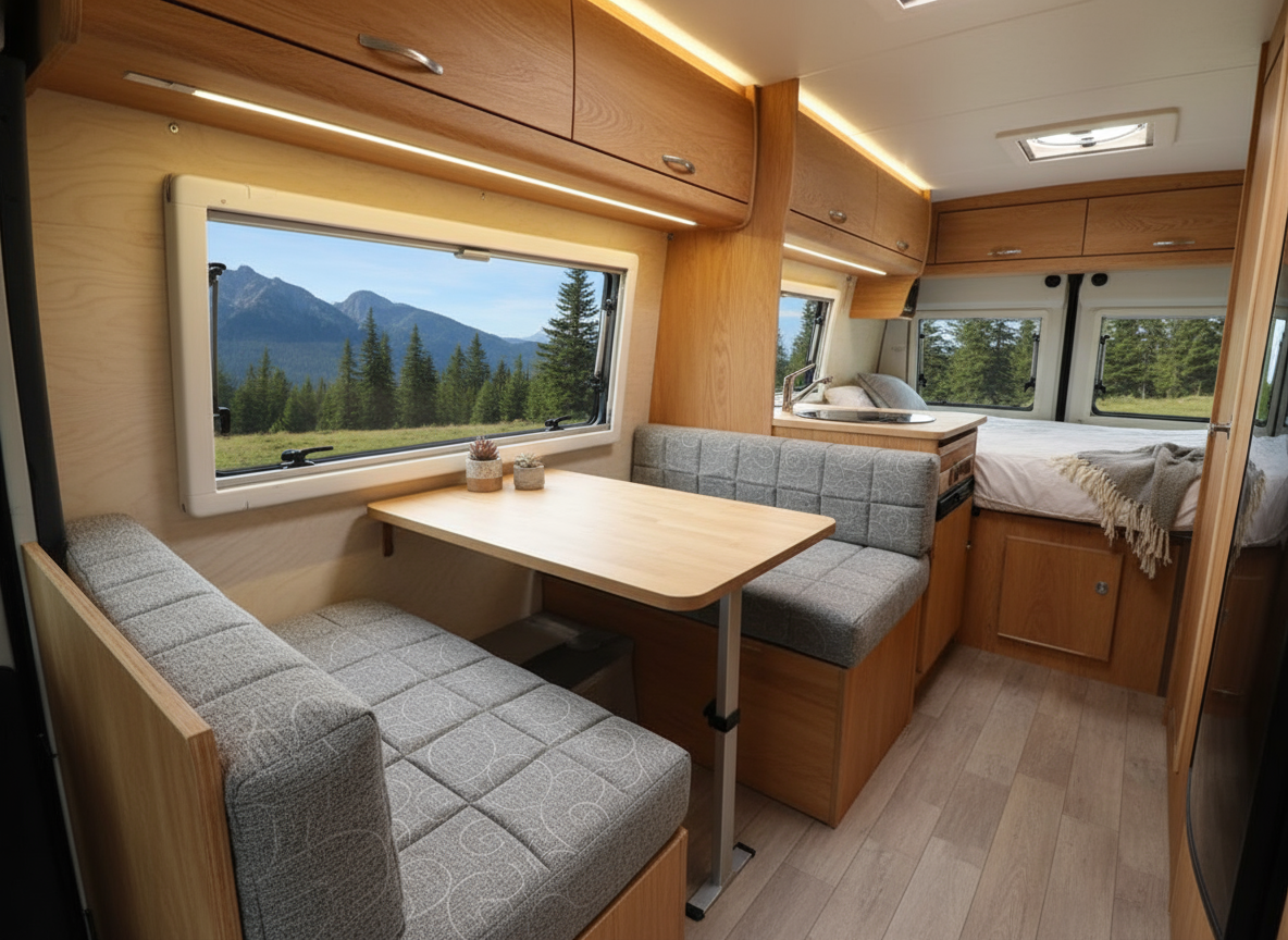 Custom grey cushions campervan Blue Note Upholstery